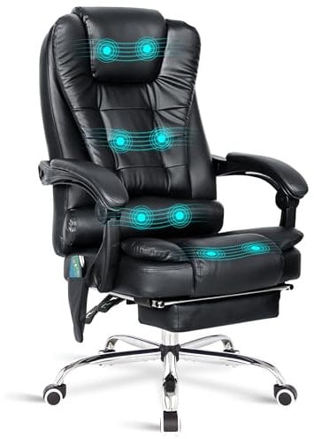 Blisswood Ergonomic Office Chair with 8-Point Massage – Executive Computer Desk Chair with Footrest, Padded Armrests, Lumbar Support and Reclining for Office Home Work & PC Gaming - PU Leather Black
