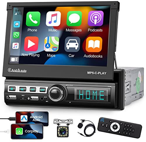 Single Din Flip Out Touch Screen Car Stereo with Apple Carplay and Android Auto, 7 inch 1 Din Radio Support Bluetooth SWC Mirror Link USB TF Card FM Radio + Backup Camera + Mic