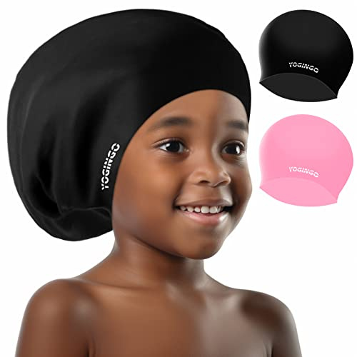 YOGINGO 2 Pack Extra Large Swim Cap Kids - for Long Hair/Short Hair, Braids and Dreadlocks Silicone Caps Girls&Boys, Swimming 6-14, Keep Hair Dry(Black+Pink)