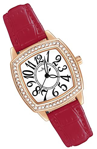 MicLee Montres Bracelet Femme Montres Quartz à Cadran Carre avec Strass Etincelants Montre de Luxe avec Cadran Or Rose à Chiffres Arabes pour Dame Fille Montre Etanche Bracelet Rouge en Cuir