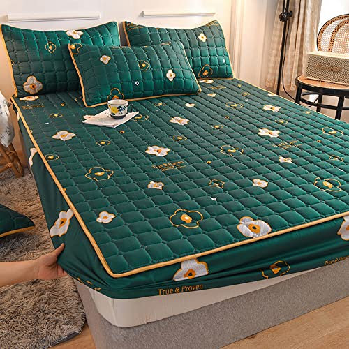 SASIGAYA Spannbettlaken 180x200cm Boxspringbett Spannbetttuch Dunkelgrün Mit 2 Kissenbezügen Spannbettlaken Blumen Gemustert Matratzenschoner All-Inclusive-Matratze Geeignet für Matratzen bis 30cm
