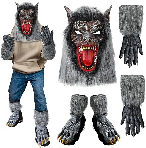 Ramede 3 Stück Halloween Werwolf Kostüm Erwachsene Wolf Kopf Maske Krallen Handschuhe Werwolf Schuhüberzieher für Männer Frauen Unisex Erwachsene Dress up Cosplay Party Geschenke, Klassische Farbe,