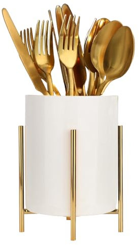 LOUIE SILNA Ceramic Kitchen Utensil Holder with a Solid Metal Frame, White Cutlery Tray Kitchen Utensil Organiser, Cutlery Basket for Organising Drawers and Worktops for All Kitchens