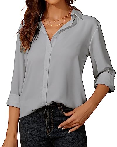 SPRING SEAON Womens Blouse Long Sleeve Chiffon V-Neck Button Down Shirt Casual Office Work Tops for Ladies Grey