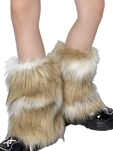 Achlibe Women Faux Fur Leg Warmers Y2k Furry Knitted Wool Warm Boots Covers Winter Long Boot Cuffs Fairycore Clothing (C-White Brown, One Size)