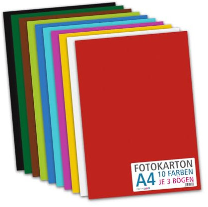 itenga Fotokarton Bogen farbig sortiert DIN A2 A3 A4 A5 A6-300 g/qm 30 Blatt - Tonkarton Bastelkarton Bastelpapier 10 Standardfarben - pro Farben je 3 Blatt (DIN A4-30 Blatt 10 Farben 300 g/qm)