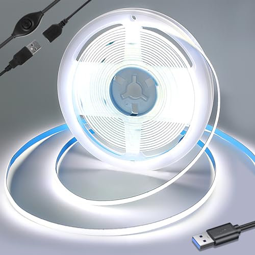 Yamlten Tira LED COB de 5 V 6000 K, blanco frío con interruptor, 320 LEDs/M, regulable, para TV, iluminación de fondo, ordenador, armario, dormitorio, cinta LED DIY 0,5 m (fuente de alimentación