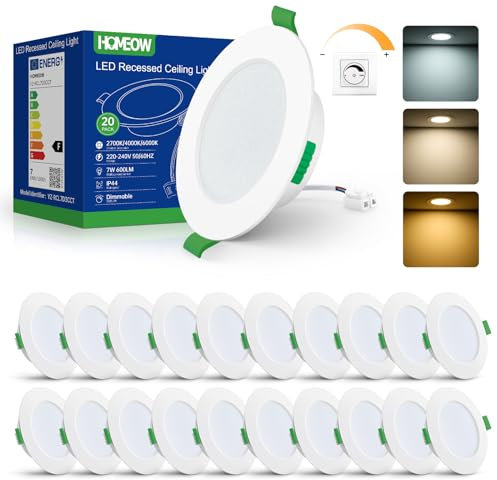 HOMEOW 20er Set LED Einbaustrahler 230V Dimmbar 7W, LED Spots 75–90mm Lochmaß, Warmweiß Neutralweiß Kaltweiß Led Einbauleuchten Deckenspots Einbauspots Spotlight Ultra Flach IP44 für Badezimmer