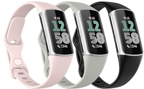 Astorgos 3 Pack Slim Straps Compatible with Fitbit Charge 6/Charge 5 for Women Men, Soft TPE Watch Strap Thin Band Replacement Wristband, Black/Rock Gray/Sand Pink