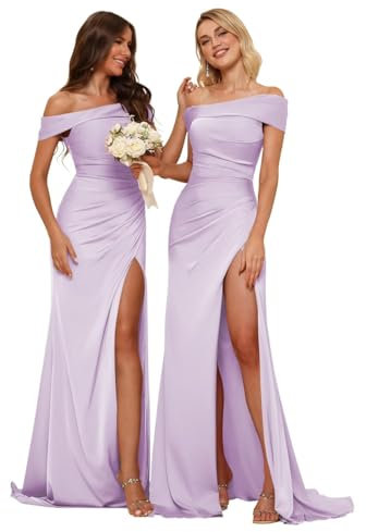 Vestido de dama de honor de satén para mujer, con hombros descubiertos, vestido de noche con abertura en la cola, Lila, 36
