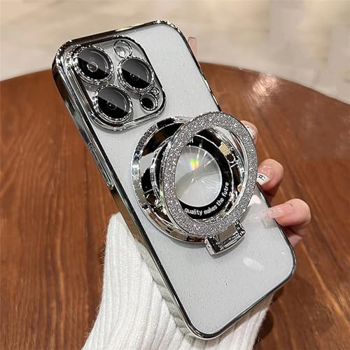Emlivi iPhone 14 Glitzer Hülle,Magnetic Galvanisierte Magnetisch Handyhülle mit Ring Ständer,Transparent Kameraschutz Weiche TPU Case Cover,Pailletten Magnet Schutzhülle für iPhone 14,Silber