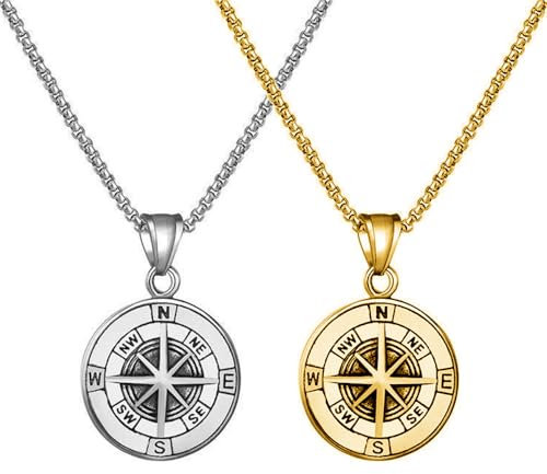 Kawailay 2 collane con ciondolo a forma di bussola, stile gotico, punk, biker, rock, hip hop, unisex, oro e argento, Metallo