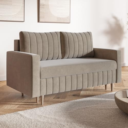MOTIVENA Leo 2-Sitzer Schlafsofa, 160 cm Breit, Beige Samt, Taschenfederkern (H3), Keine Couch