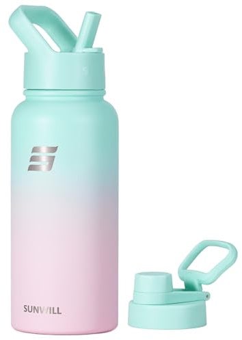 SUNWILL Metal Water Bottle with Straw 1L, Insulated Stainless Steel Reusable Thermal Flask for Cold and Hot Drink, Travel, Sports, Gym, Leakproof, Gradiant Mint Sakura
