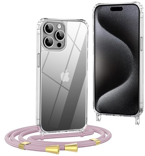 OLEPHY Trasparente Cover con Cordino per iPhone 15 Pro Max 6,7'', Oro Rosa | Custodia con Collana, Regolabile e Rimovibile,[Antiurto] [AntiGraffio] Case con Laccio Tracolla,