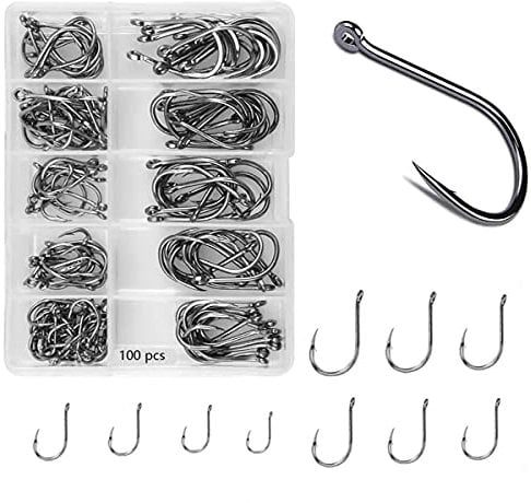 Fish Hooks,100 PCS Fishing Hooks in 10 Sizes, Circle Hooks Fishing, Barbed Hooks Fishing, Eyed Fishing Hooks in High Carbon Steel with Plastic Box for Freshwater Saltwater Fish Trackle 3# - 12# (1)
