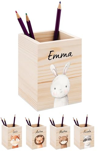 Bärenfreunde® - Personalisierter Stiftehalter Kinder aus Holz - Kreativer und praktischer Schreibtisch-Organizer Kinder mit Namen - Perfektes Einschulung Geschenk und Geburtstag (Hase)