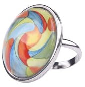 Adi-Modeschmuck großer verstellbarer Ring 'Samara', attraktive farbige Ornamente unter einem 25mm Glas Cabochon, größenverstellbarer Ring aus Edelstahl, handgefertigt in Berlin (Bunt)