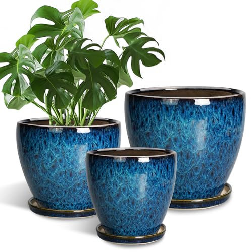 EPFamily Macetas para Interiores, macetas de cerámica con Agujeros de Drenaje y platillos, 10 + 8 + 6 Pulgadas, macetas Redondas Grandes para Plantas de Interior y Exterior, Juego de 3, Color Azul
