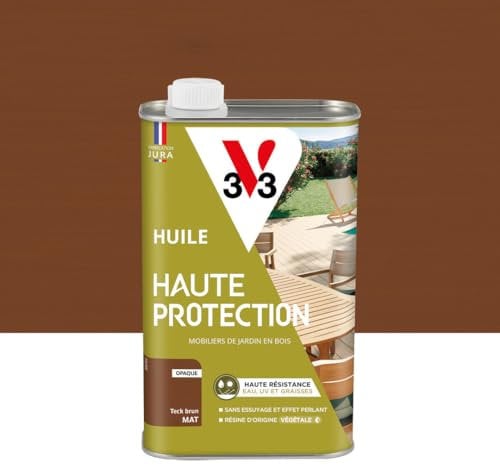 V33 Huile bois extérieur Haute Protection Teck brun mat - Pour mobilier de jardin - Haute résistance eau, UV et graisses - Sans essuyage et effet perlant - Résine d'origine végétale - 1L