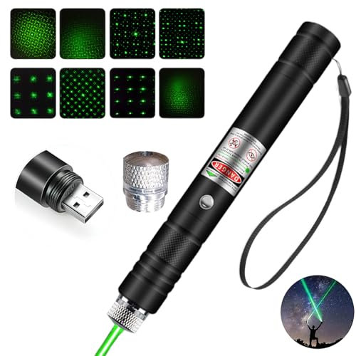 Colaren USB Teaching Flashlight High-Power, Mini Green Light Flashlight with Star Cap and 8 in 1 Cap for Outdoor Camping, Night Hiking, Cat Toys, Teachers