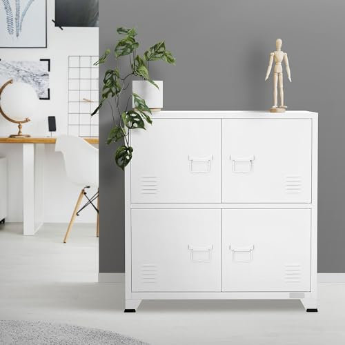ML-Design Aktenschrank, 75x40x80,5 cm, Weiß, aus Stahl, Freistehender Büroschrank 4 Beinen, Metallspind 4 Türen, 2 Innenfächer, Industrial, Lagerschrank Stahlschrank Metallschrank Aufbewahrungsschrank