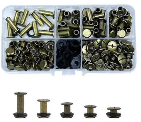 KUKUJIWA 80 Set Rivetti a Vite,Viti per Rilegatura Chicago ottone,M5*5/8/10/12/15 mm Viti Testa Tonda Croce Chicago per Rilegatura,Viti Chicago di ricambio in Metallo per Borse, Libri (Bronzo)