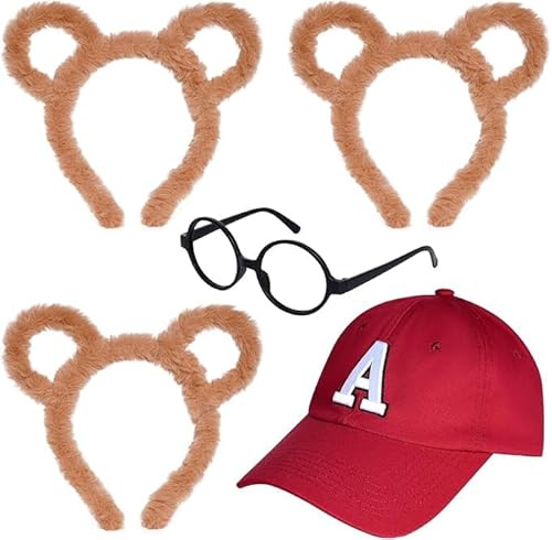 baotongle 5 Stück Chipmunks Kostüme Set 3 Chipmunk Ohren Stirnband 1 Rahmen Gläser 1-roter Hut für Karnaval Halloween Party Tier Kostüm Zubehör