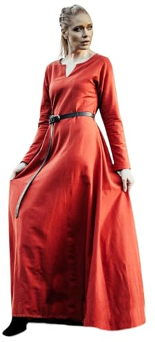 Leonardo Carbone® Damen Kleid Unterkleid Lina | V-Ausschnitt Design | A-Linie Silhouette | Karneval, Halloween, Cosplay, LARP, Mittelalter, Kostüm, Gewand | Baumwolle Rot 3XL