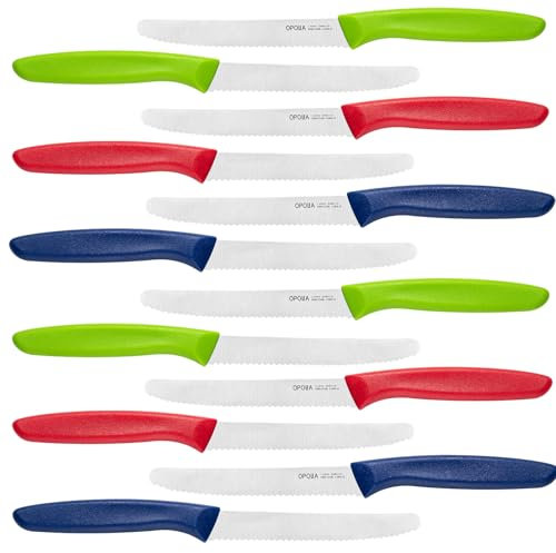 OPOLIA Frühstücksmesser Wellenschliff 12 Stück,Rot&Blau&Grün,Premium Edelstahl Tafelmesser, Tomatenmesser Scharf,Buttermesser,Brötchenmesser,Stabiler Kunststoffgriff,Spülmaschinenfest