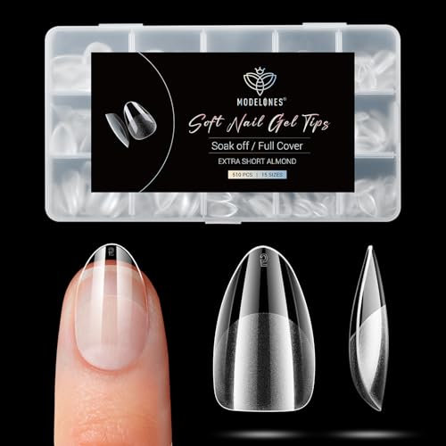 Modelones XS Almond Nail Tips -510Pcs Short Nail Tips for Gel Extensions Half Matte Full Cover Clear Acrylic Gel Kit False Press on Nails Manicure Salon DIY at Home 15 Sizes