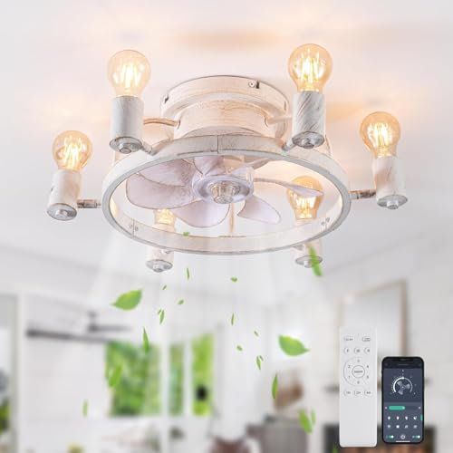 Ganeed Ventiladores de Techo con Luces y Control Remoto 52cm Perfil Bajo Perfil Ventilador de Techo Empotrado Granja Rústico Industrial Luz E27 para Dormitorio Cocina Blanco 6 Luces