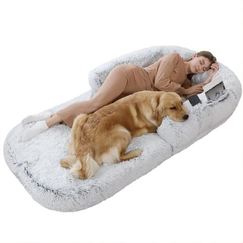 Klappbare Menschenhundbett, Tragbare 2 in 1 Beruhigende Menschengröße Riesenhund Bett 70,8x45,2x9,8 Zoll Kunstpelz Sofa Hundebett in Menschengröße mit Aufbewahrungstasche für Menschen