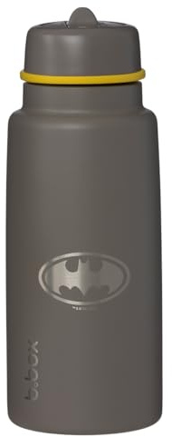b.box Batman isolierte Trinkflasche mit Klappdeckel, dreilagiger Edelstahl, hält Getränke bis zu 46 Stunden kalt, auslaufsicherer Deckel mit Edelstahl-Strohhalm, BPA-frei, 1L