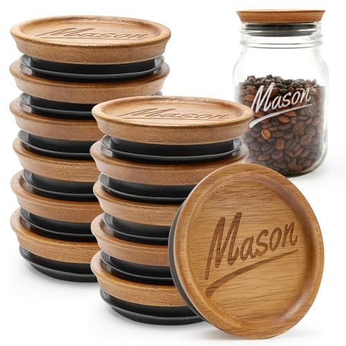 12 Pack Wooden Regular Mouth Mason Jar Lids Canning Supplies Small Mouth Mason Jars Tops Accessories Glass Jars with Wood Lid for Jar Cover Rings Decorative Silicone Jar Lids Reusable Canning Lids