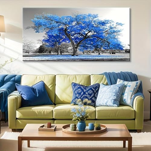 WUDUM Décoration murale sur toile, peinture murale bleue, arbre moderne, style noir et blanc, paysage d'automne, œuvre d'art moderne, 80 x 160 cm (31 x 63) avec cadre