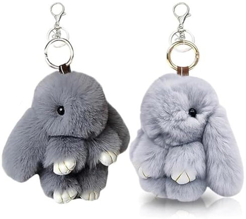 SYTTNUM 2 Stück Plüsch Hase Schlüsselanhänger,Häschen Pom Poms Schlüsselanhänger,Weicher Hasenanhänger,Fluffy Häschen Keychain Für Handtaschen Geschenk Für Ostern (Grau Und Hellgrau)