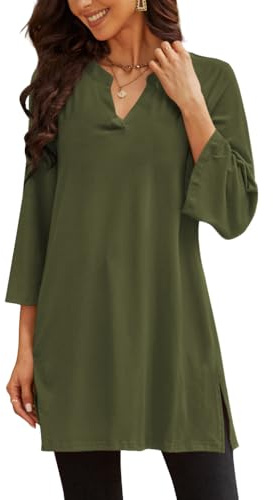 Poetsky Womens Three Quarter Sleeve Tunic Shirts Casual Long Tops for Leggings Split Novelty Women T Shirts Plus Size Army Green