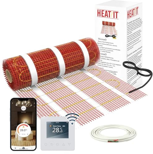 HEATIT Couverture de chauffage au sol électrique autocollante, système de chauffage de sol 200 W/㎡ Warmmat avec kit de thermostat ET-81, 8㎡