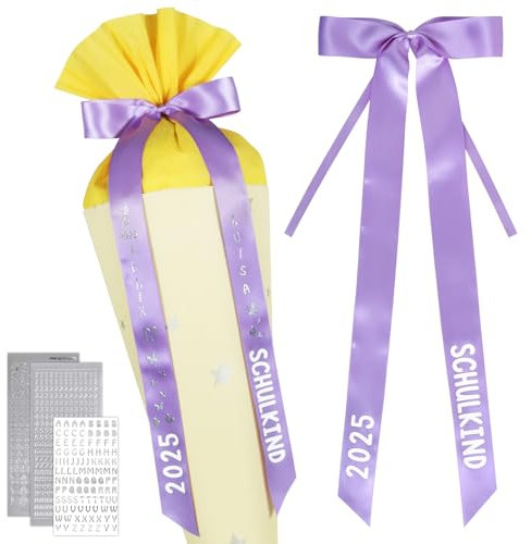 BOFUNX Schultütenschleife Lila Zuckertütenschleife + Buchstaben Zahlen Schmetterling Aufkleber, Schultüte Zuckertüte Schleife für Schulkind, Schulanfang Einschulung Deko