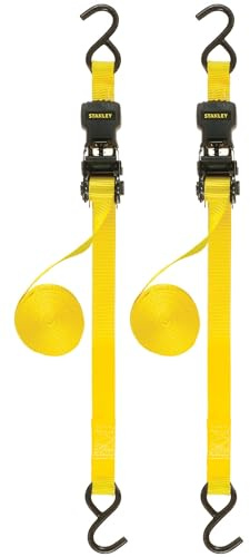 STANLEY S10002-12 Black/Yellow 1 X 12' Ratchet Straps - 500 LBS Safe Working Load / 1,500 LBS Break Strength, 2 Pack