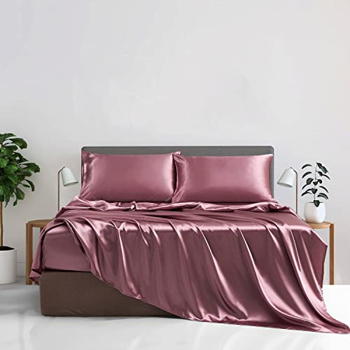 YASMENG Drap Housse 180x200 Satin Vieux Rose Uni Bonnet 30 cm Soyeux Brillant Luxe Soie Drap de lit en Satin de Soie Polyester Douce Lisse Respirant pour Matelas Épais