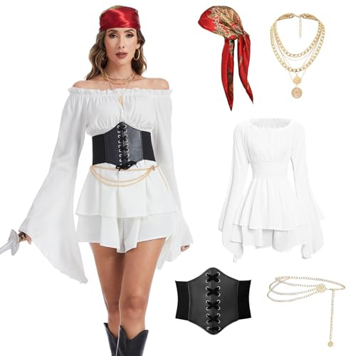 LPFNSF Mittelalter Piratenkostüm Damen für Halloween Karneval Cosplay | Off Shoulder Weißes Kleid mit Korsett Gürtel, Kopftuch, Taillenkette und Halskette für Halloween Karneval