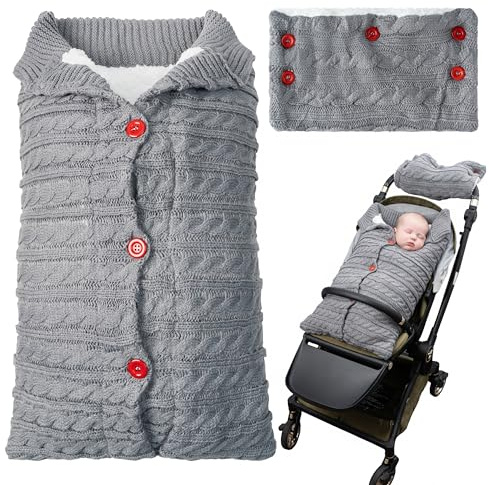Wood Homing Baby Fußsack Universal für Kinderwagen – Winter Neugeborenen Fuß Muff mit Handwärmer Handschuh Waschbar Weich Gestricktes Fleece Gefüttert Buggy Zubehör 0–6 Monate Warm (Grau)