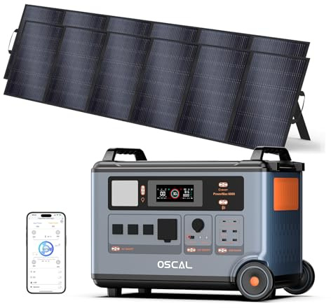 OSCAL PowerMax 6000 Solargenerator 6000W mit 2x500W Solar Panel, 3600Wh Erweiterbar auf 57.6kWh Tragbare Powerstation, LiFePO4-Akku, Vollladung in 1,96 Std, Stromspeicher für Camping, Stromausfall