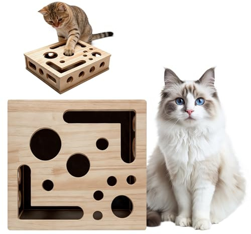 atnayo Cat Scratch Puzzle Enrichment Box, Wooden Cat Nail File Box Toy for Indoor Cats Scratching