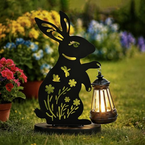 GIGALUMI Eiserne Kaninchen Statuen, Gartendeko für Draußen Wetterfest | Geschenke für Mama, Frauen, IP65 Wasserdicht Gartenstatue, Solarlampen für außen für Terrasse, Hof, Garten (1 Stück）