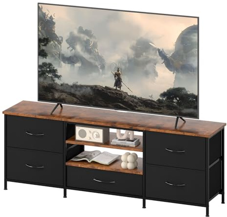 Levede TV Stand with 5 Fabric Drawers, Industrial TV Cabinet Storage for up to 65 Inch TV, 50KG Load, Cable Hole & Adjustable Feet, 140cm Modern Console Table for Living Room Bedroom