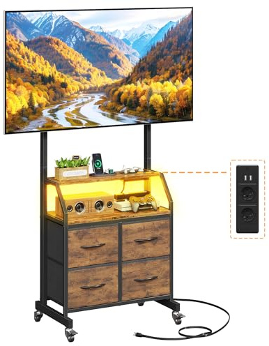 OYRREU Supporto TV con Ruote, Porta TV con LED e Presa Elettrica per 32–75 | Supporto TV da Pavimento, Mobile TV, Presa di Corrente e USB, Altezza Regolabile, 4 Cassetti in Tessuto, Marrone Vintage
