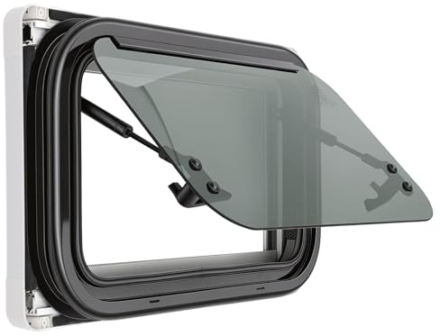 Finestra per camper, 50 x 30 cm, nera, pieghevole a 85°, finestra laterale esterna per camper, finestra E4 con tenda avvolgibile integrata, oscurante, per roulotte, camper, furgoni